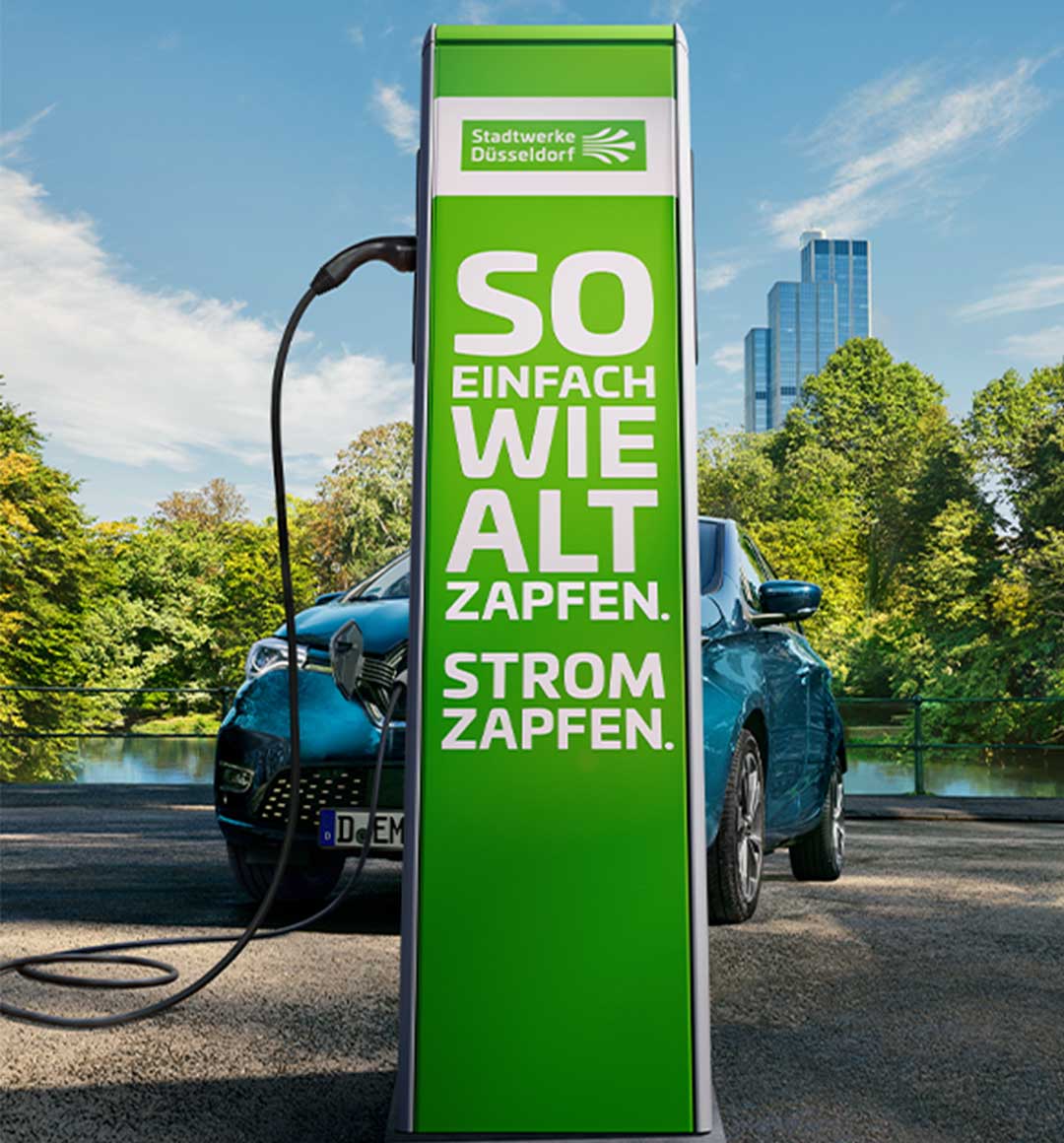 Ladesäule für E-Autos der Stadtwerke Düsseldorf: So einfach wie alt zapfen. Strom zapfen.