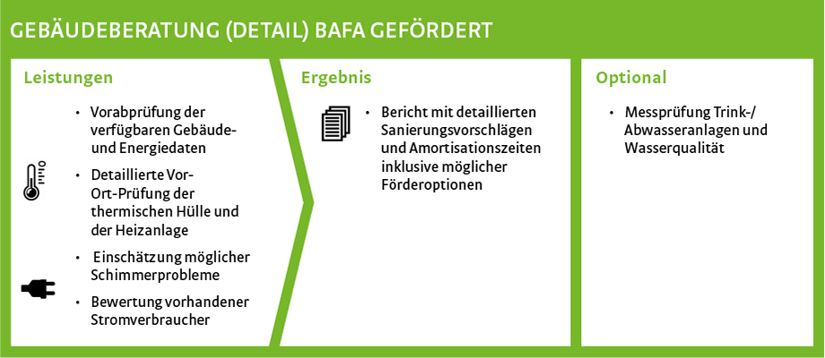 Gebäudeberatung Detail, BaFa gefördert: Leistungen, Ergebnis, Optional