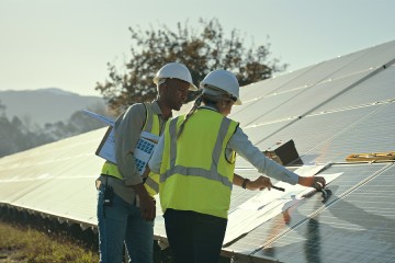 Zwei Architekt:innen besprechen die weitere Planung der Photovoltaikanlage. © Marco VDM / E+ via Getty Images
