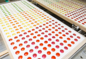 Alle Fruchtgummis – egal ob Goldbären oder normale Drops – entstehen auf die gleiche Art und Weise. In ein Bett aus Maisstärke werden Formen gedrückt, in die dann der „Gummibärensaft“ fließt. Drei Tage müssen die Weichgummis trocknen, bevor sie weiterverarbeitet werden.