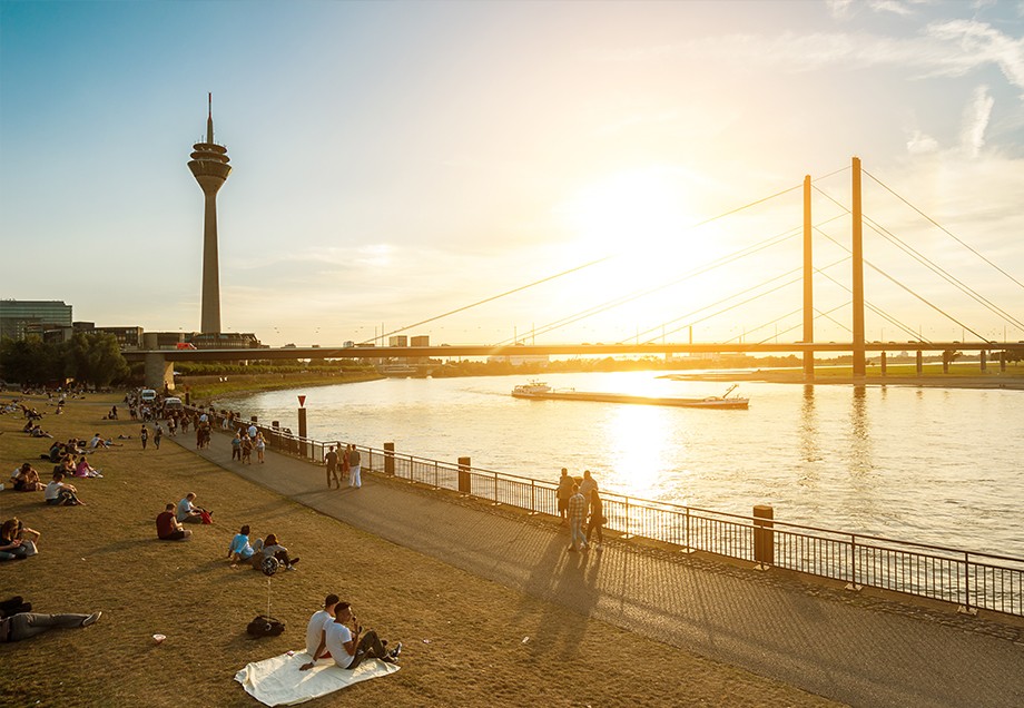 Rheinturm und Rheinkniebrücke werden von der untergehenden Sonne in goldenes Licht getaucht.