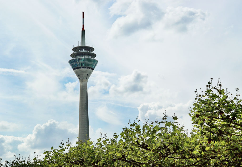 Der Düsseldorfer Fernsehturm ragt über grüne Baumwipfel