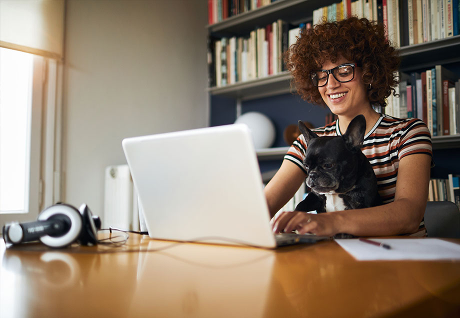 So geht Smart Working: Frau mit Hund am Laptop
