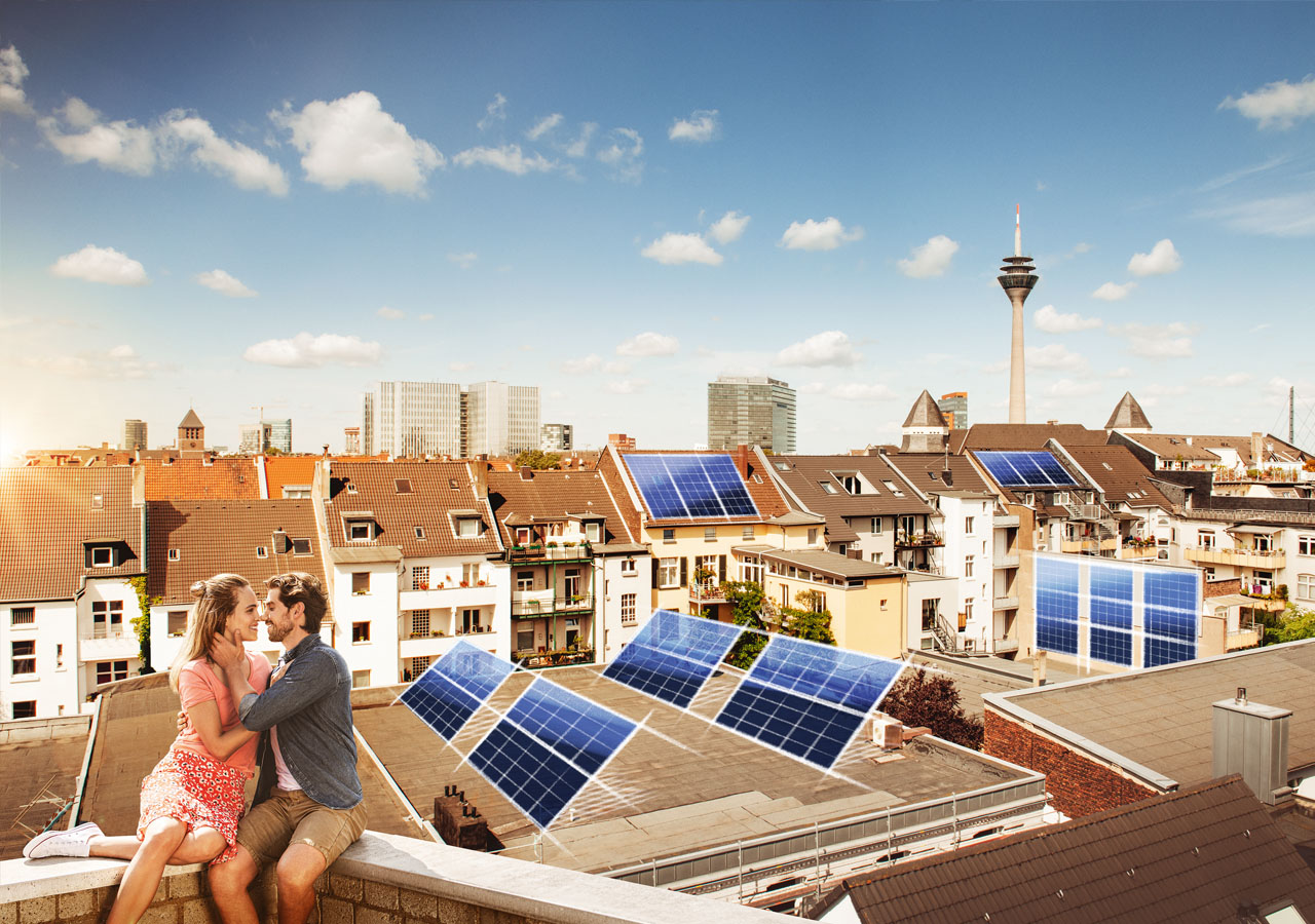 So könnte sich die Dächerlandschaft in Düsseldorfs Zukunftsviertel durch Solaranlagen ändern, wie unsere Bildmontage zeigt.