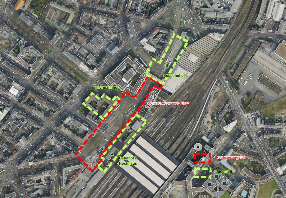Karte mit eingezeichneten Bereichen für Baumaßnahmen rund um den Düsseldorfer Hauptbahnhof