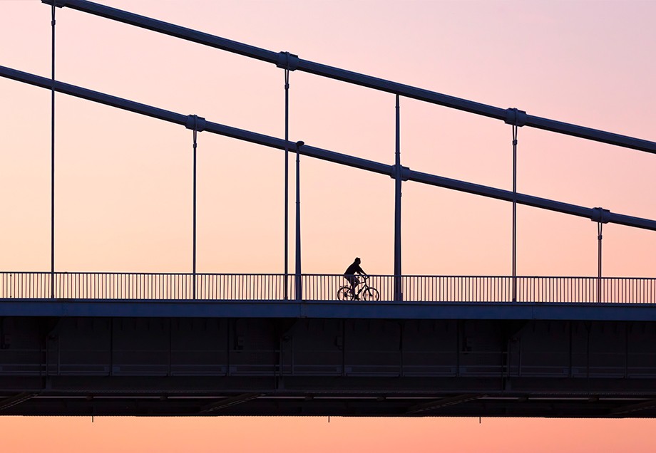 Eine Karte, die eine Düsseldorfer Radtour von der Rheinallee Heerdt über die Theodor-Heuss-Brücke und zurück zeigt. Der Startpunkt ist mit einem Marker versehen.